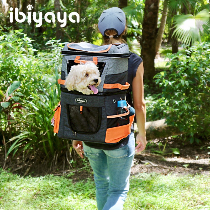 依比呀呀（ibiyaya）台湾宠物包猫狗双层背包上下铺猫狗外出便携包FC1980-OG 灰桔色 L39 W29 H56 (cm)
