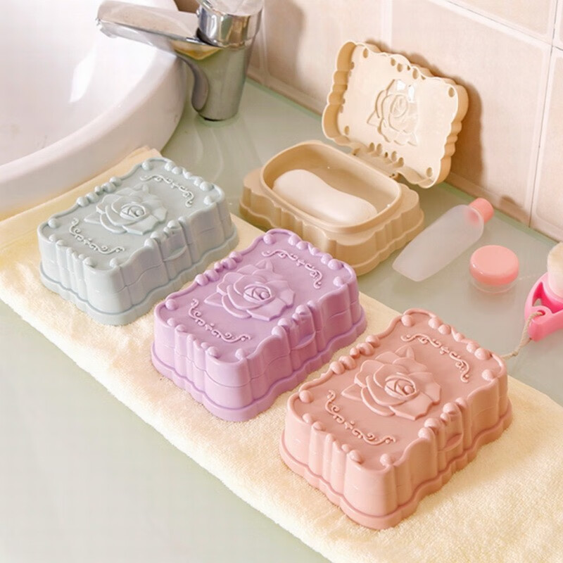 淘乐士 创意立体花朵翻盖皂盒卫生间带盖皂盒蔷薇花香皂盒防尘双层