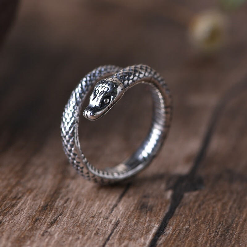 旬谨纪银戒指s925银复古时尚银蛇指环食指泰银蛇戒生肖蛇潮人男款开口