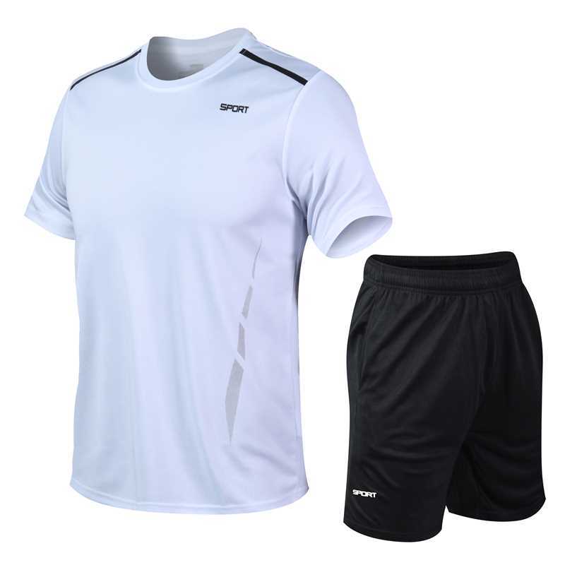 运动套装男夏季健身短袖T恤男士速干衣服跑步宽松休闲运动服大码 白色 3XL