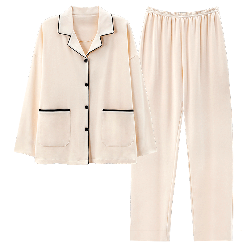 猫人仿棉舒适 春秋新款 长袖开衫 翻领套装 纯色女士加大码 家居服 奶油杏 M --建议【90-100】斤