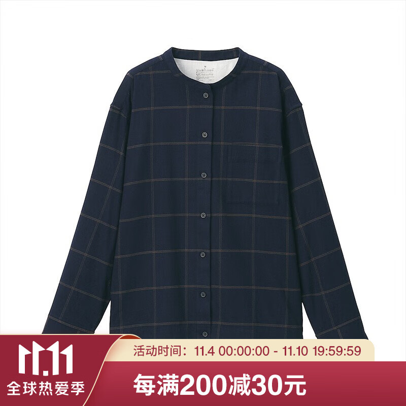 无印良品 muji 女式 法兰绒 立领衬衫 深藏青色格纹 xl