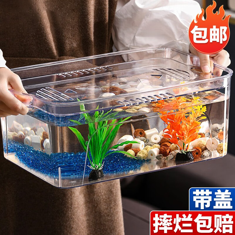 茨格曼 金鱼缸小型桌面缸PET塑料鱼缸裸缸家用斗鱼生态缸办公室小鱼缸 中号-裸缸带盖（27.5*18*11）