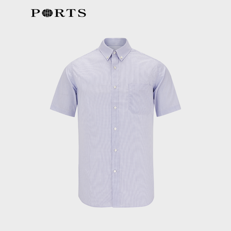 ports宝姿男装春季商务休闲棉质纯色修身短袖衬衫男 medium blue 38