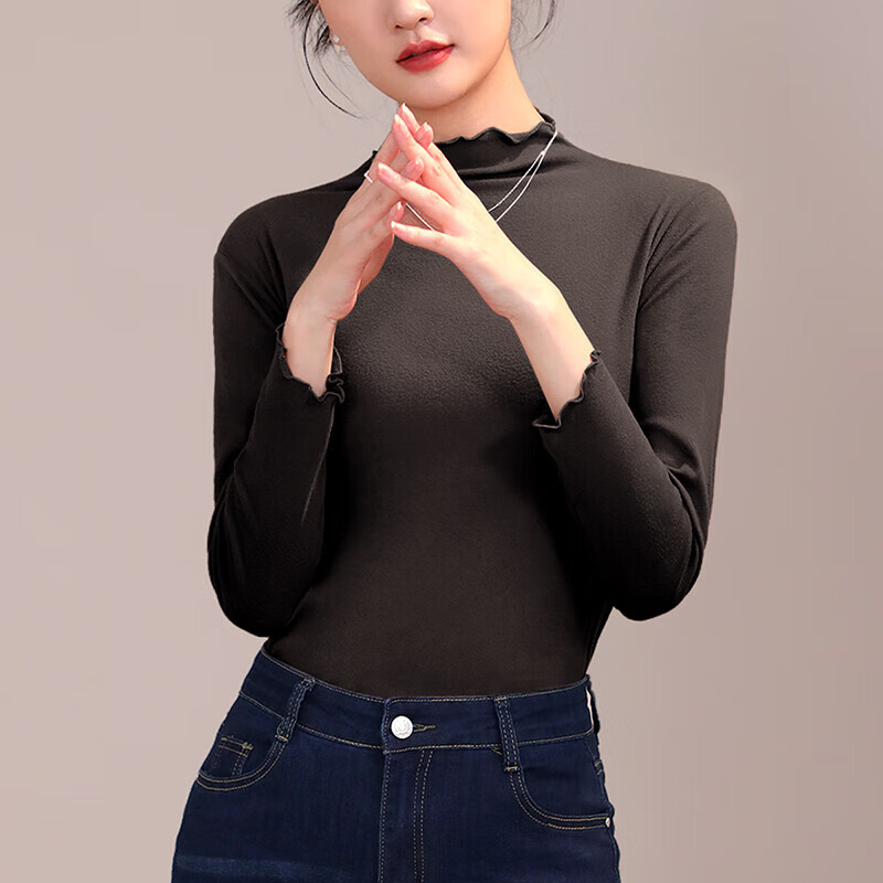 六月玫瑰（Junerose） 打底衣女新款双面磨毛内搭半高领打底衫秋衣女上衣2件装 黑+杏色(80-125斤) 均码F