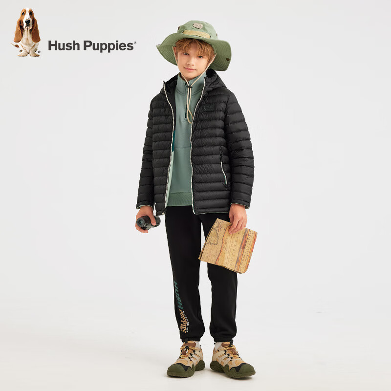 暇步士(Hush Puppies)【三防】童装儿童男大童冬季新款时尚拼色保暖双面穿羽绒服 钻石黑 160 cm【充绒量89g】