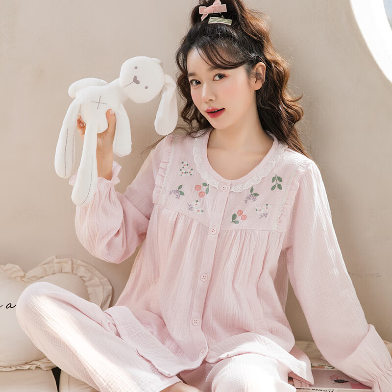 家の時(shí)光（Ht-home）家時(shí)光夏季薄款月子服純棉透氣哺乳睡衣哺乳衣產(chǎn)婦產(chǎn)后孕婦睡衣 【純棉雙層縐紗】櫻粉丁香花 M碼 推薦100-125斤