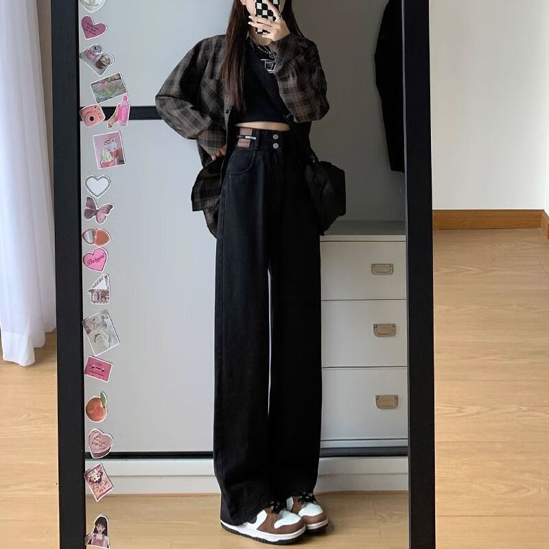 雷黛茜阔腿牛仔裤女秋冬加绒新款百搭ins小个子宽松显瘦高腰直筒裤子女 黑灰色-九分 (150-158cm) XS (75