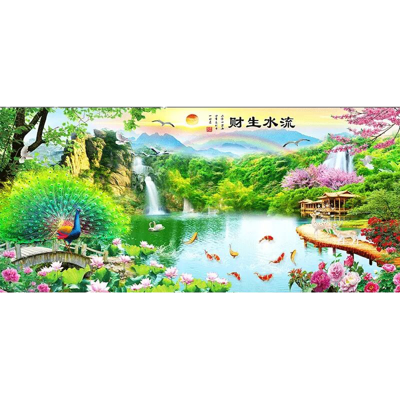 kecss流水生财风景迎客松十字绣2025新款客厅大气线绣山水画自己绣手工 棉线150*70CM中格3股