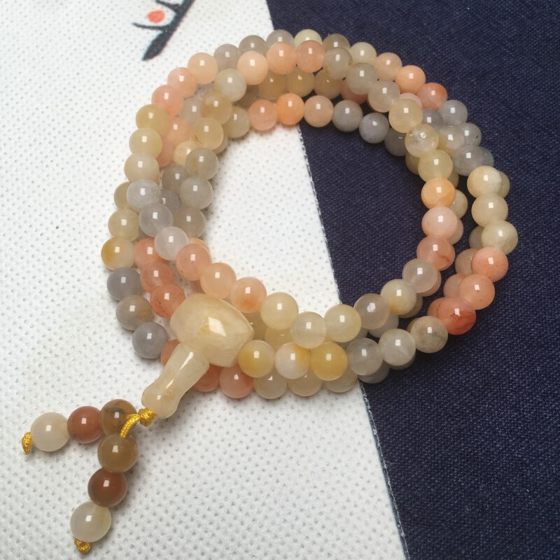 倪曼新疆金丝玉彩色圆珠多圈玉石手链复古风男女情侣款念佛珠手持手串