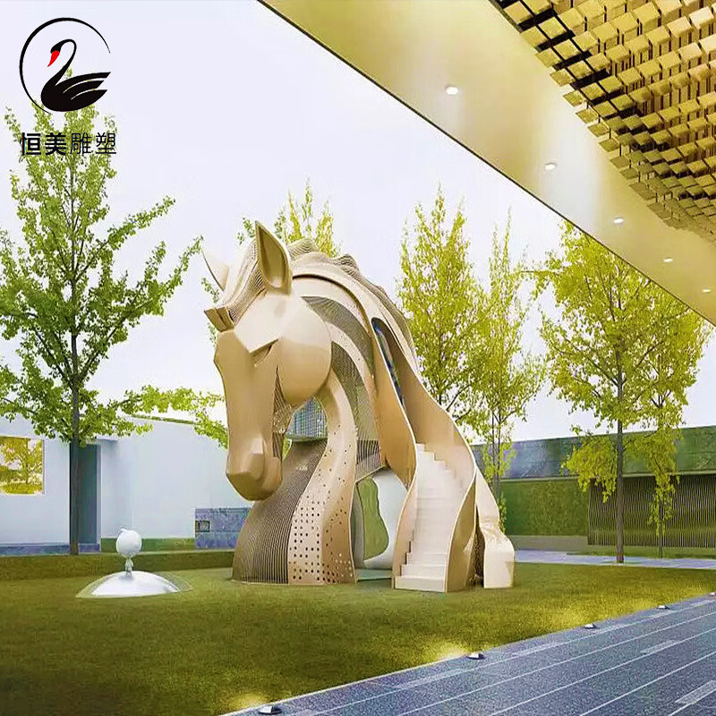 瀛乐 不锈钢马雕塑玻璃钢牛动物抽象售楼部景观装饰户外抽象小区庭院