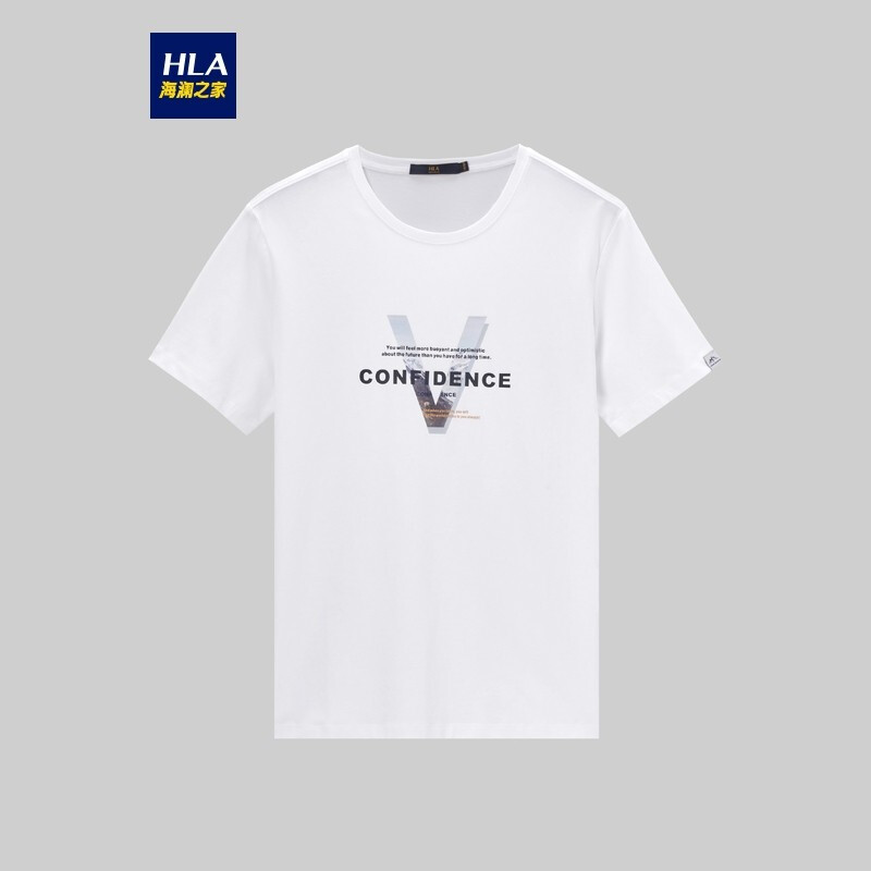HLA海澜之家新疆棉短袖T恤男2021夏季英文字母胸前印花短袖上衣HNTBJ2D189A米白花纹(J9)170/88A(48)