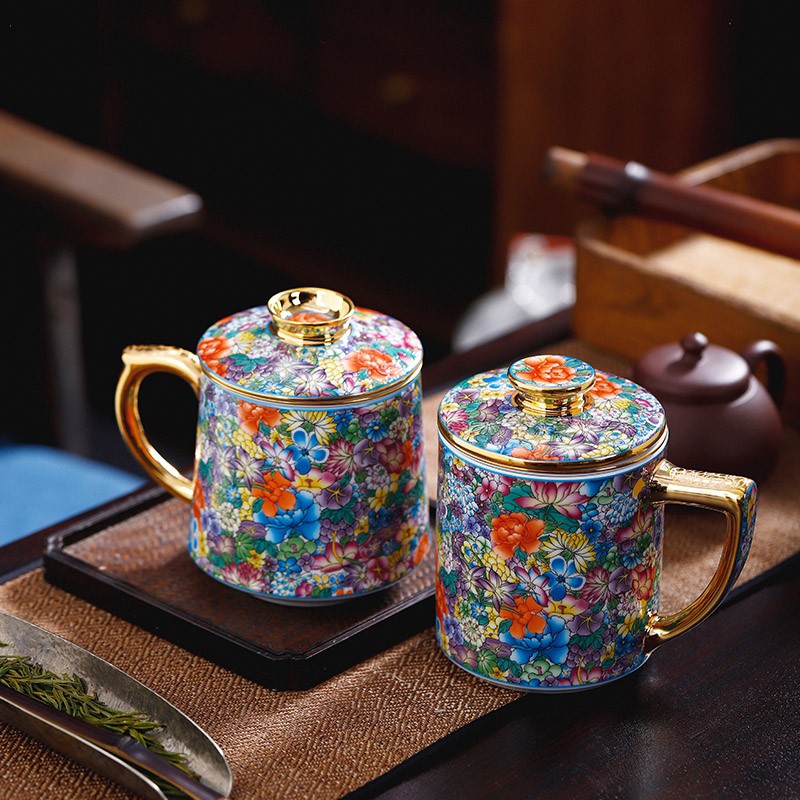 裂均景德镇陶瓷万花珐琅彩办公杯茶杯茶水分离杯子家用带盖茶漏中式大 直升杯