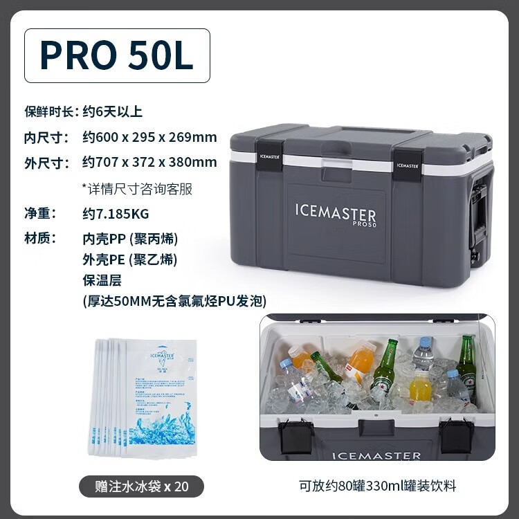 冰大師保溫箱戶外露營冷藏包車載保鮮箱擺攤食品保暖箱藥品冰晶盒 灰色50L（帶20個冰袋）