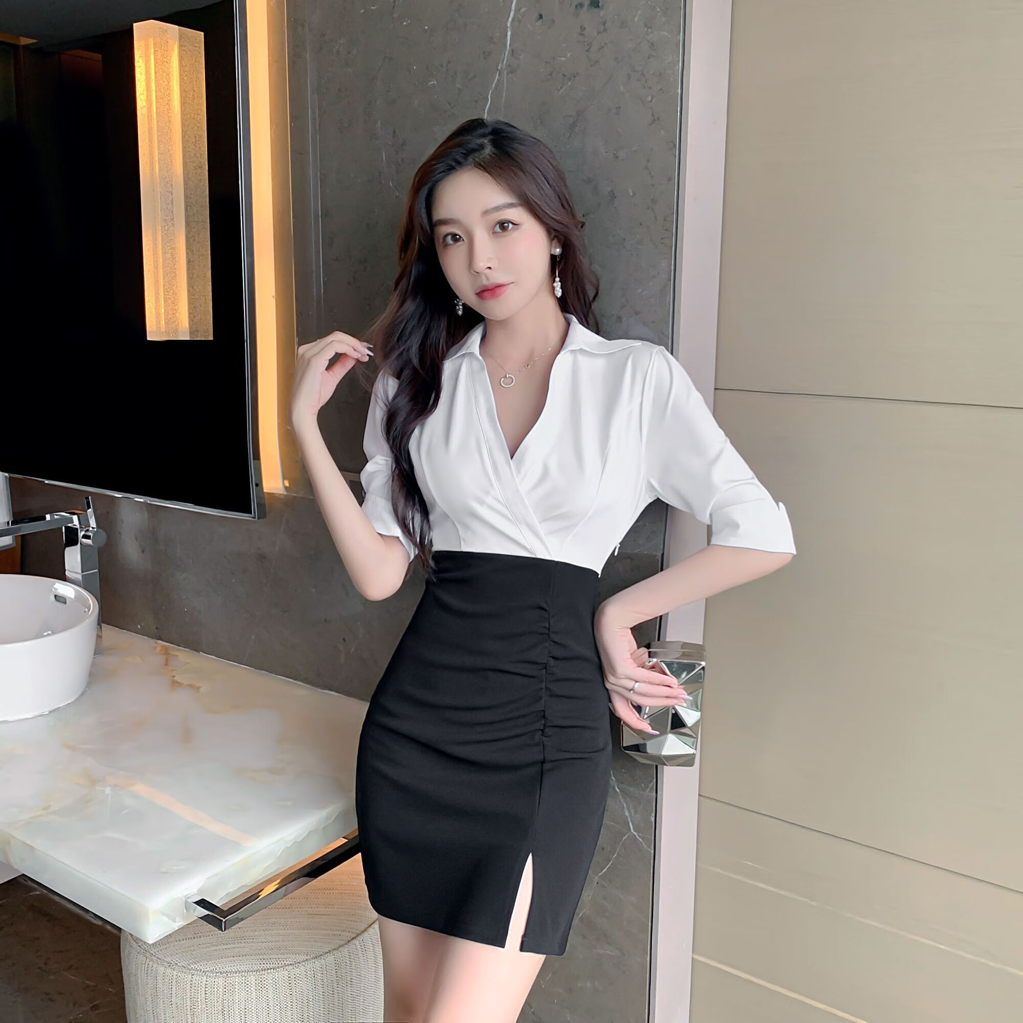 翘心职业通勤ol白色翻领衬衫女白衬衫夏季性感ol职业女装酒店会所