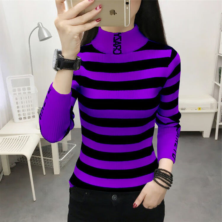 新款针织衫女半高领20岁30岁加绒加厚条纹毛衣2023修身短款上 紫色 m