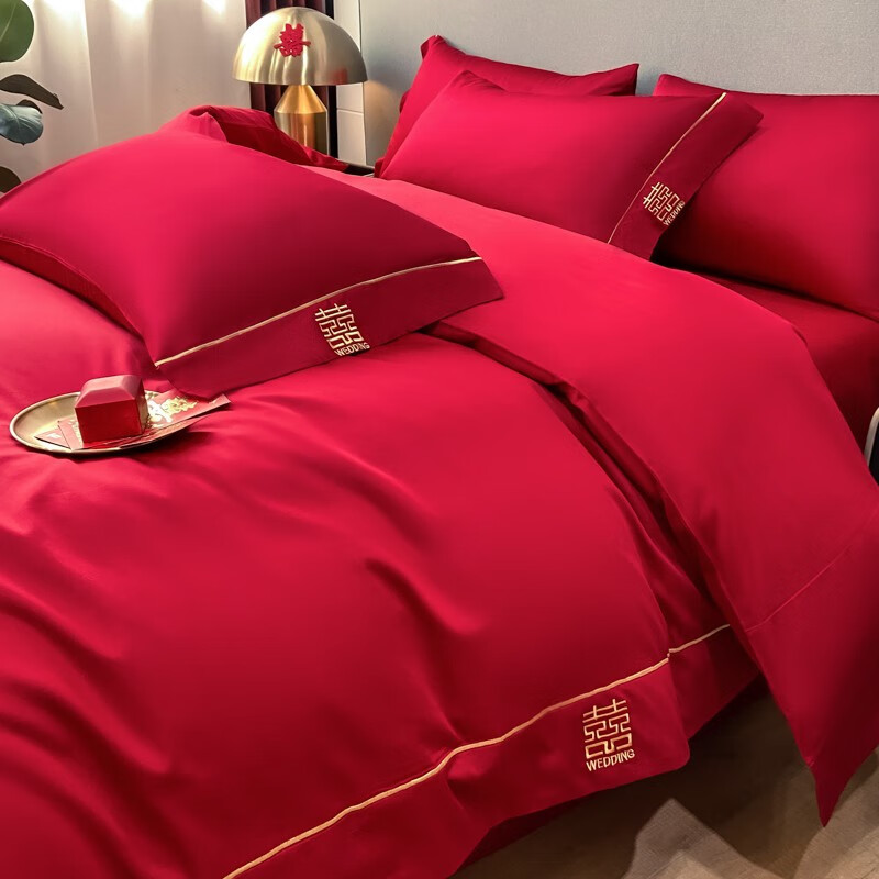 拉丁夫人时尚简约新婚庆四件套大红刺绣结婚被套备婚床上被罩床单婚房床品 喜乐 四件套2.0m床单款-被套220*240cm