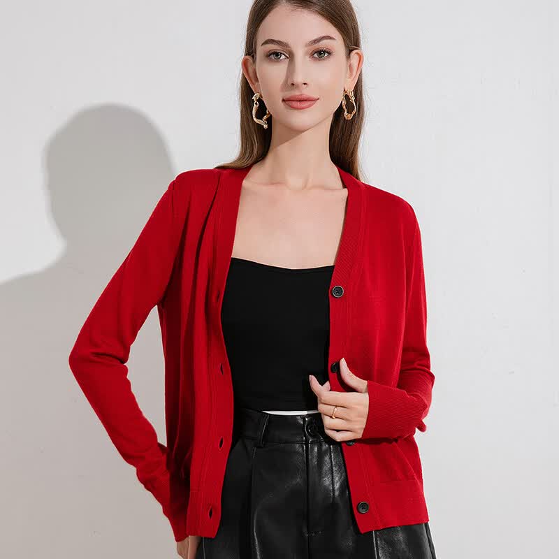 德凯佳新款v领春夏针织衫外搭开衫纽扣纯色长袖外套上衣羊毛衫 米白 S