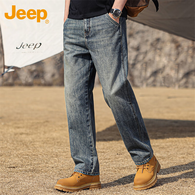 吉普（JEEP）牛仔裤男夏季宽松直筒长裤潮流休闲裤子男士百搭男裤 蓝色 34