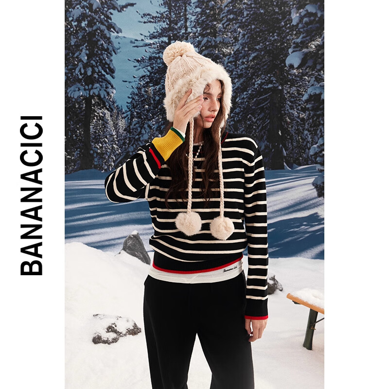 banana cici2024年冬季新款复古时髦重工撞色条纹针织衫圆领毛衣C244MY202 黑色 L