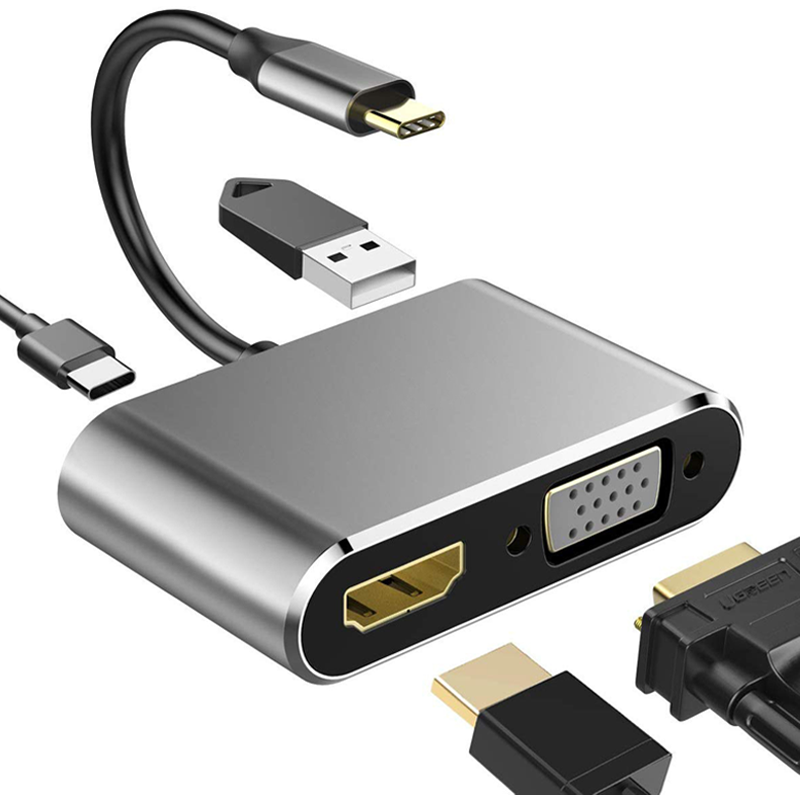 木丁丁 type-c扩展坞 type-c转hdmi vga四合一高清投影转换器拓展坞转接头笔记本接电视投屏器