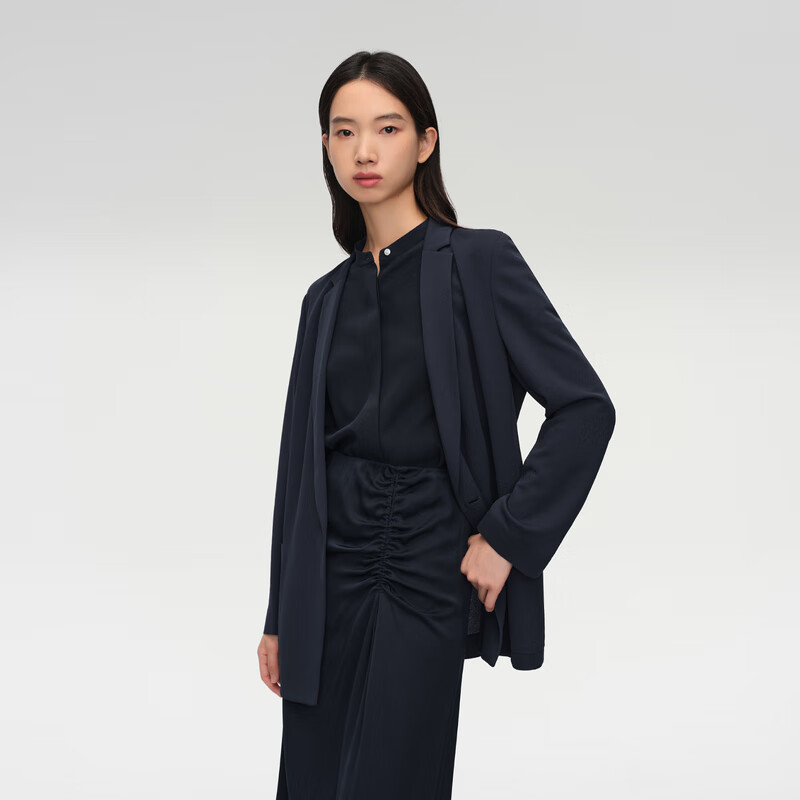 OVV2024春夏新款女装修身一粒扣平驳领简约单件西服外套 藏青（净色）06 L