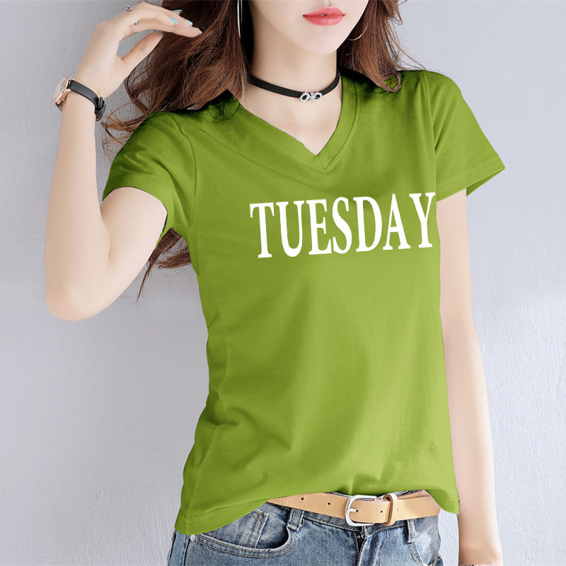 wsng v领t恤女夏装短袖牛油果绿新款宽松女装打底衫半袖汗衫棉 牛油果