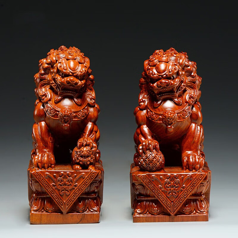 艺永轩 花梨木雕狮子一对北京宫门狮摆件家居董事长总经理办公室桌面