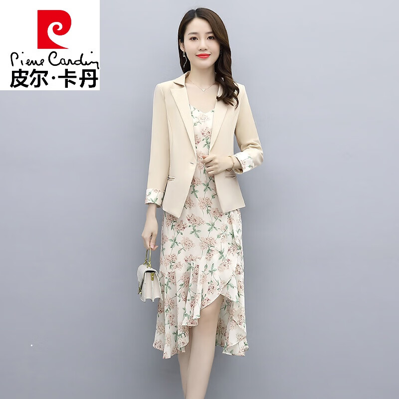小西装加裙子碎花雪纺连衣裙职业套装外搭西服外套配吊 米色 m