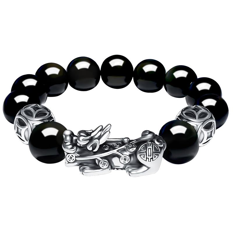 奧萊依天然黑曜石足銀貔貅手串泰銀復(fù)古紅繩情侶六字真言刻字瑪瑙手鏈男 L款:加大號(hào)單貔貅配16MM黑曜石