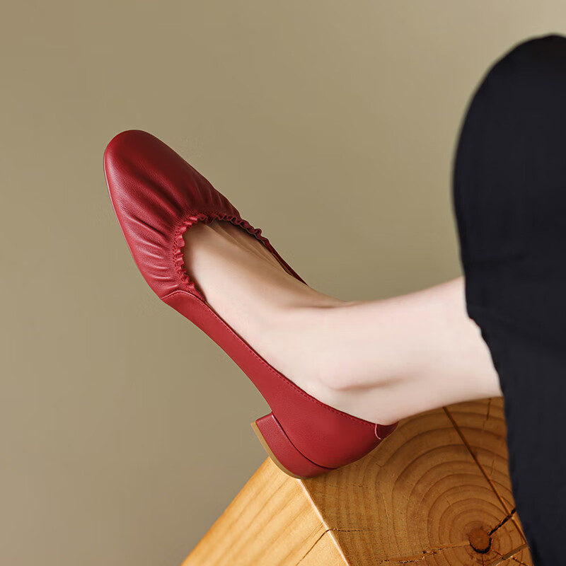 TATAXI旗舰女鞋法式复古风平底单鞋软底牛皮奶奶鞋2024年夏季浅口 酒红色高跟 36