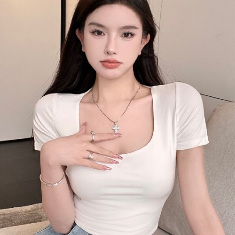 骅促粉低胸装露深v上衣服装女u领白色短袖t恤女夏季辣妹性感短款露脐