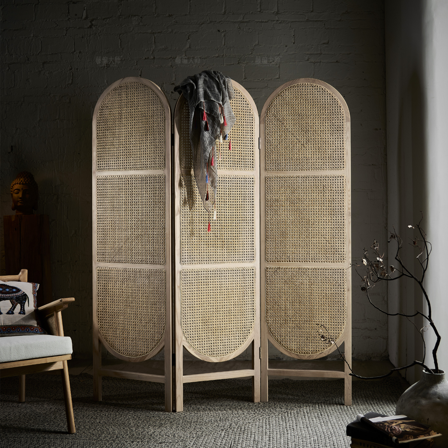 匠师藤编手工日式折叠复古屏风隔断客厅实木真藤玄关卧室移动现代折屏