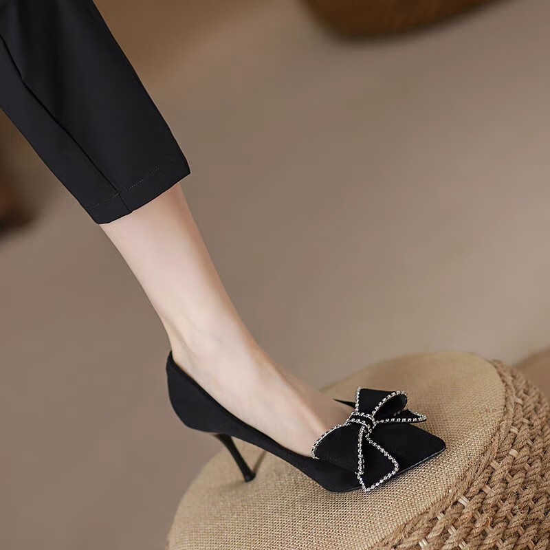 狄宏细跟高跟鞋女夏季新款时尚百搭蝴蝶尖头单鞋春秋黑色软底工作单鞋