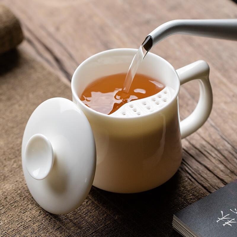 杯带过滤月牙杯羊脂玉泡茶杯支持logo定制 羊脂玉瓷月牙过滤茶杯-简装