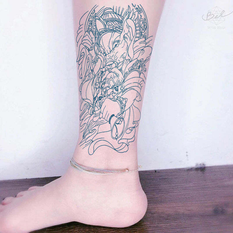 千色集象仿真防水纹身贴象神纹身贴线条象男女刺青色割线图案 一张