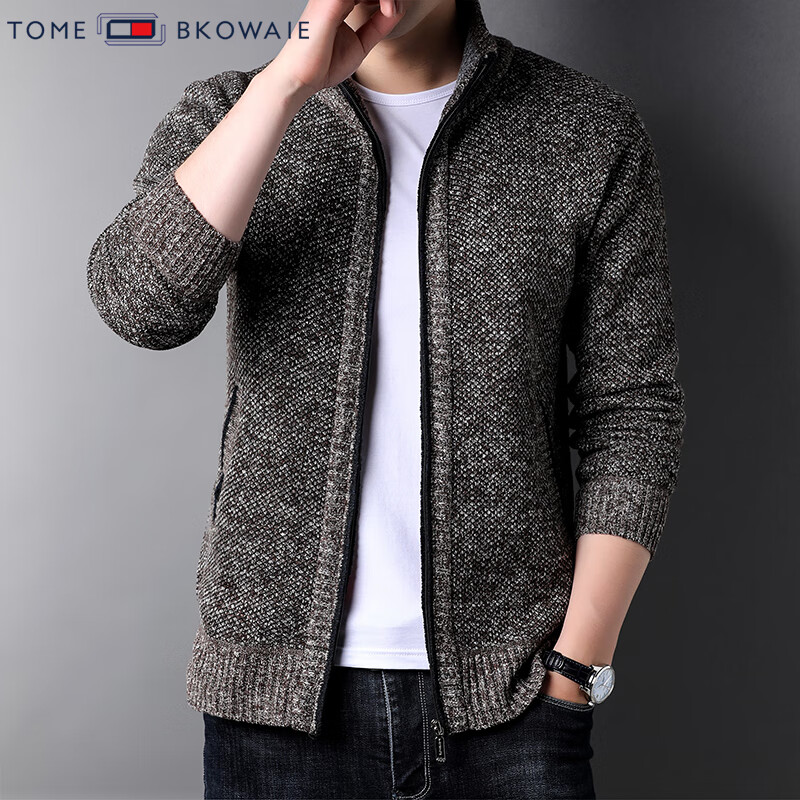 汤米芙兰可加绒加厚针织外套男2025年秋冬新款商务休闲保暖宽松毛衣开衫 驼色加绒 4XL （建议185-200斤）