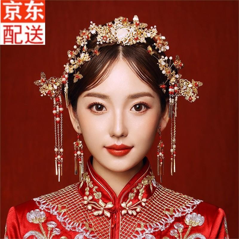 尚戈（SHANGGE）结婚秀禾服头饰凤冠新娘秀禾皇冠发饰中式婚礼大气凤冠步摇皇冠 大气新娘秀禾套装一(耳夹款)