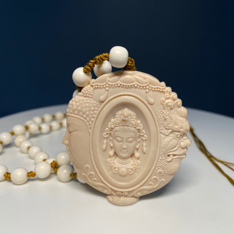 豪珠 猛犸牙一念之间吊坠项链 平安守护神牙雕挂件配饰圆牌猛犸象牙