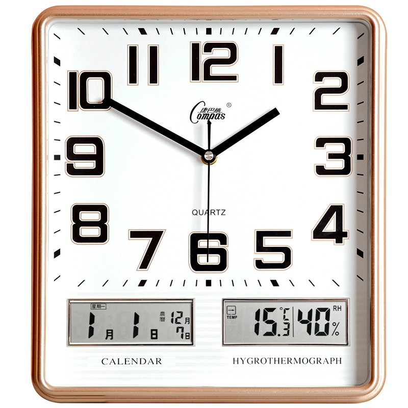 康巴丝挂钟万年历温湿度钟表创意客厅时钟简约挂表方形日历石英钟 3105闪金