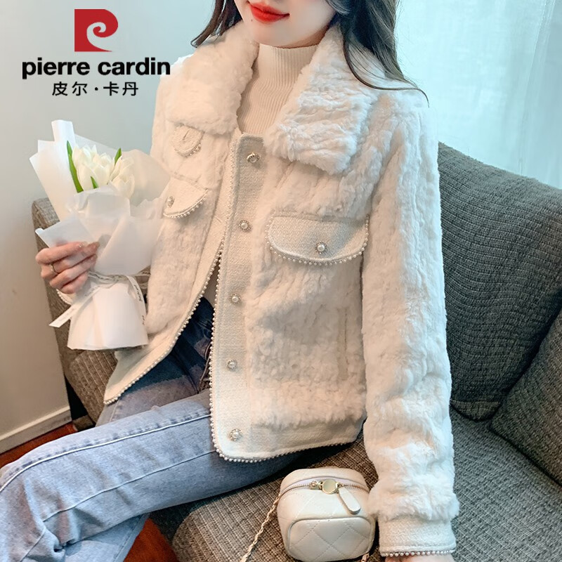 皮尔卡丹小香风洋气毛绒外套女冬季2025年秋冬新款加厚女士开衫长袖上衣潮 米白色无毛领款 M [96-105斤]