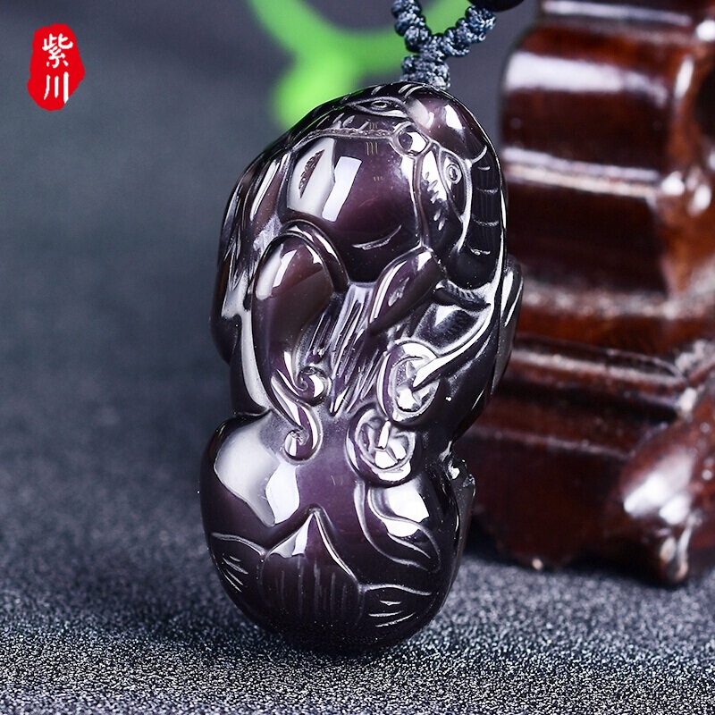 紫川 男女吉祥物冰彩黑曜石貔貅吊坠气质钱串貔貅高雅紫红眼生日男友