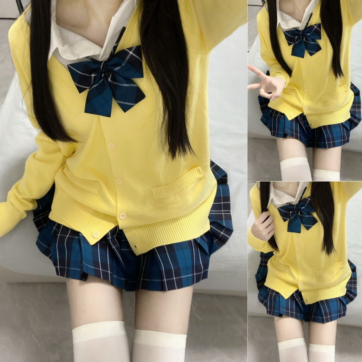 mwjojk制服学院风jk秋冬套装格裙衬衫长袖毛衣开衫校供女 黄色毛衣 岚