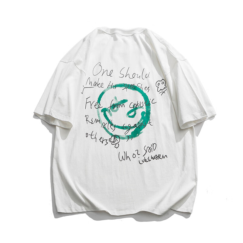 hksh日系原创后背涂鸦笑脸图案设计bf男女宽松短袖t恤 白色 m