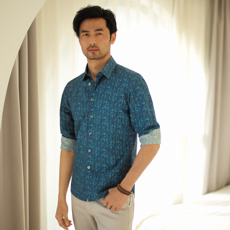 MAYOR男装 春夏棉丝印花透气休闲时尚长袖男衬衫 蓝色 38