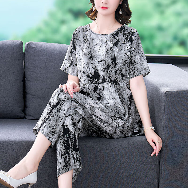魅无尚妈妈时尚洋气套装四十多岁夏2024棉绸女季新款装显瘦大码短袖