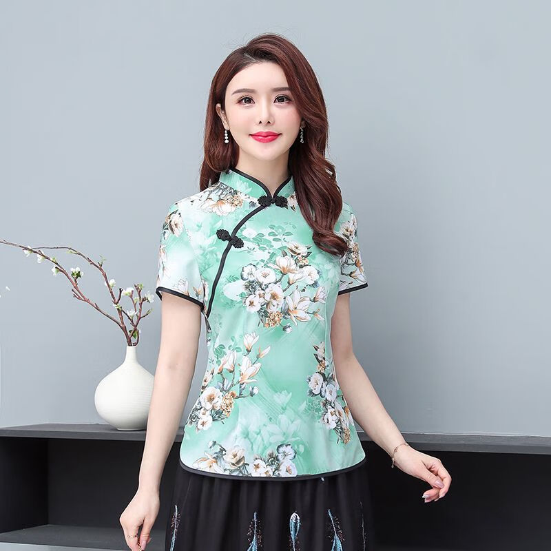 丝潇妈妈夏装时尚大码短款旗袍上衣四十岁中年女高贵洋气t恤小衫 绿色