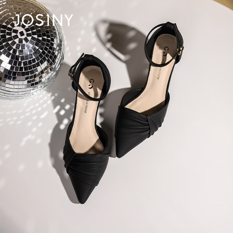 卓诗尼（Josiny）凉鞋女时尚一字带凉鞋包头搭扣中空细跟高跟鞋 黑色 37 