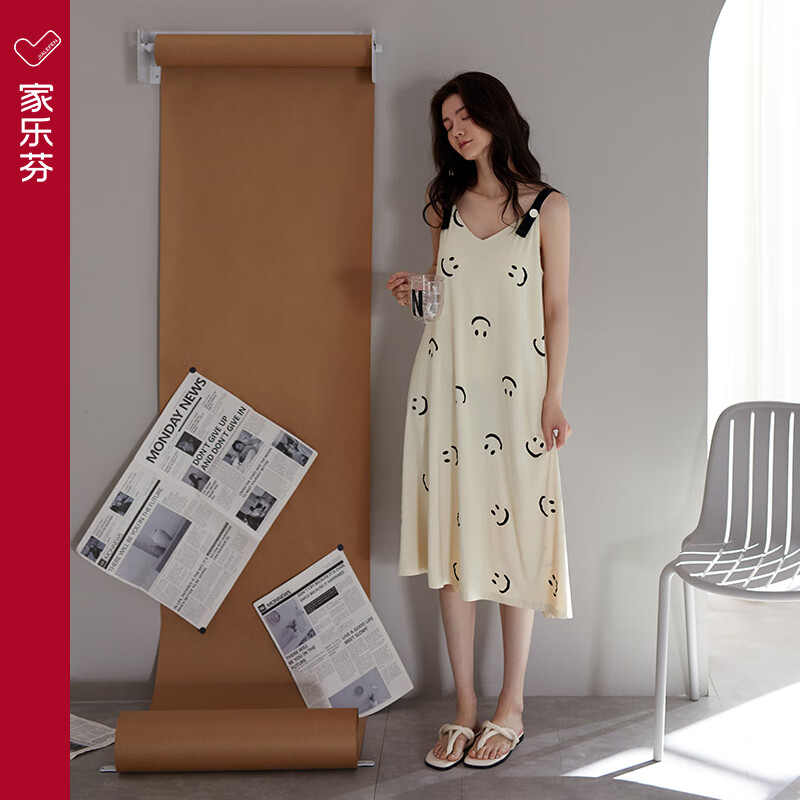 家乐芬睡裙女睡衣夏季莫代尔吊带可爱背心无袖长款夏天夏款薄款凉感冰丝 A824707淡米黄 XL 适合165-170cm体重120-140斤