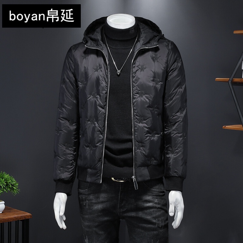 boyan潮牌暗花小蜜蜂刺绣羽绒服男士冬季新款连帽外套短款修身帅气